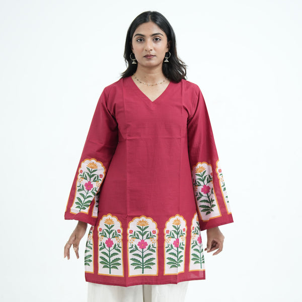 Mughal Knee Kurti for women in maroon with colourful floral border prints, a V neckline and a knee-length design