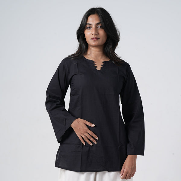 Nisha Short Kurti for women in black with a stylish V neckline and a relaxed fit