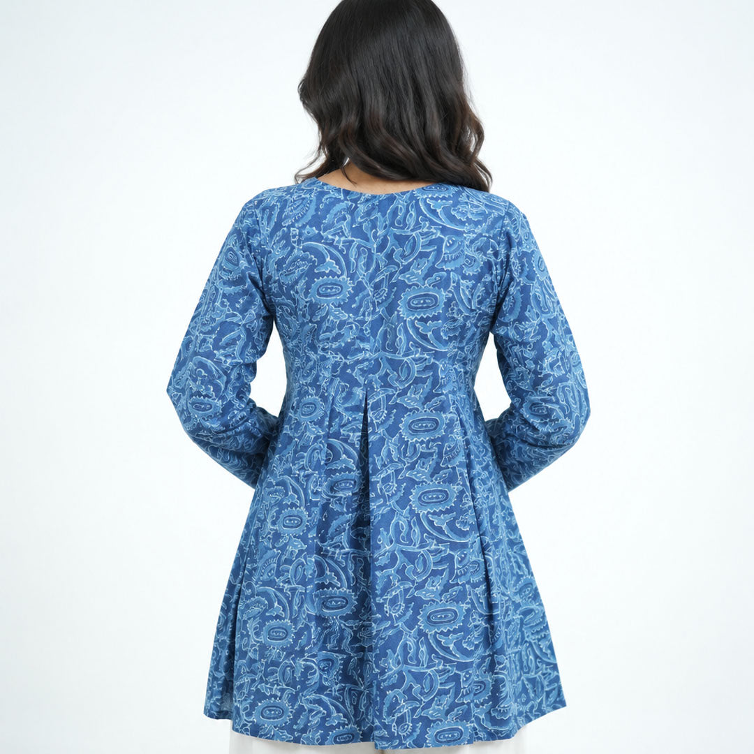Back view of Noor Umbrella Ocean Blue Kurti featuring intricate white patterns on blue fabric and a flared design