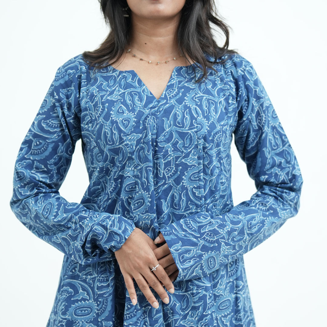 Noor Umbrella Ocean Blue Kurti with full sleeves and intricate white printed patterns