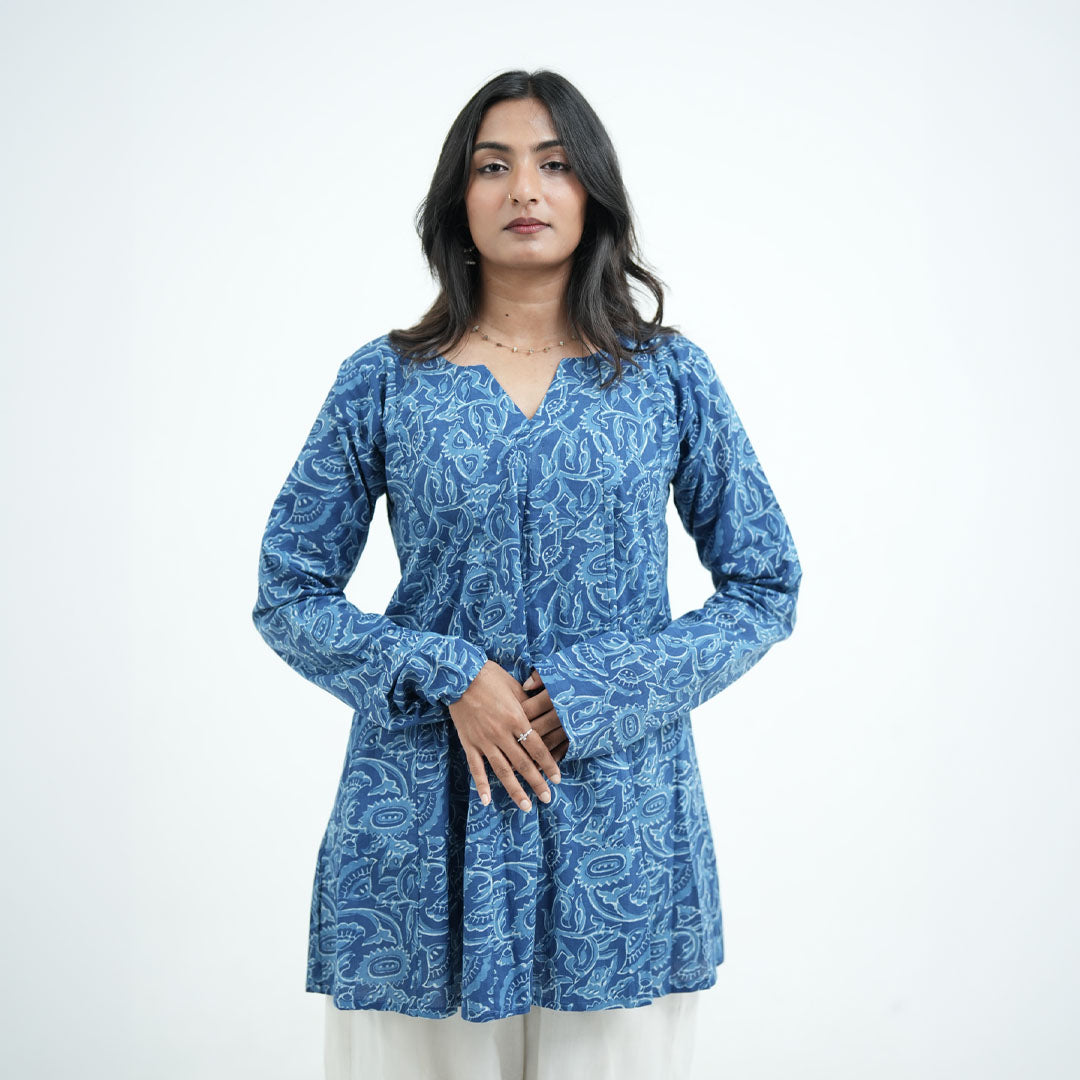 Noor Umbrella Ocean Blue Kurti for women featuring blue printed fabric with intricate white patterns and a flared silhouette