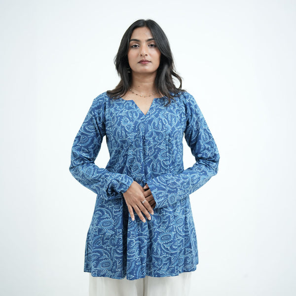 Noor Umbrella Ocean Blue Kurti for women featuring blue printed fabric with intricate white patterns and a flared silhouette