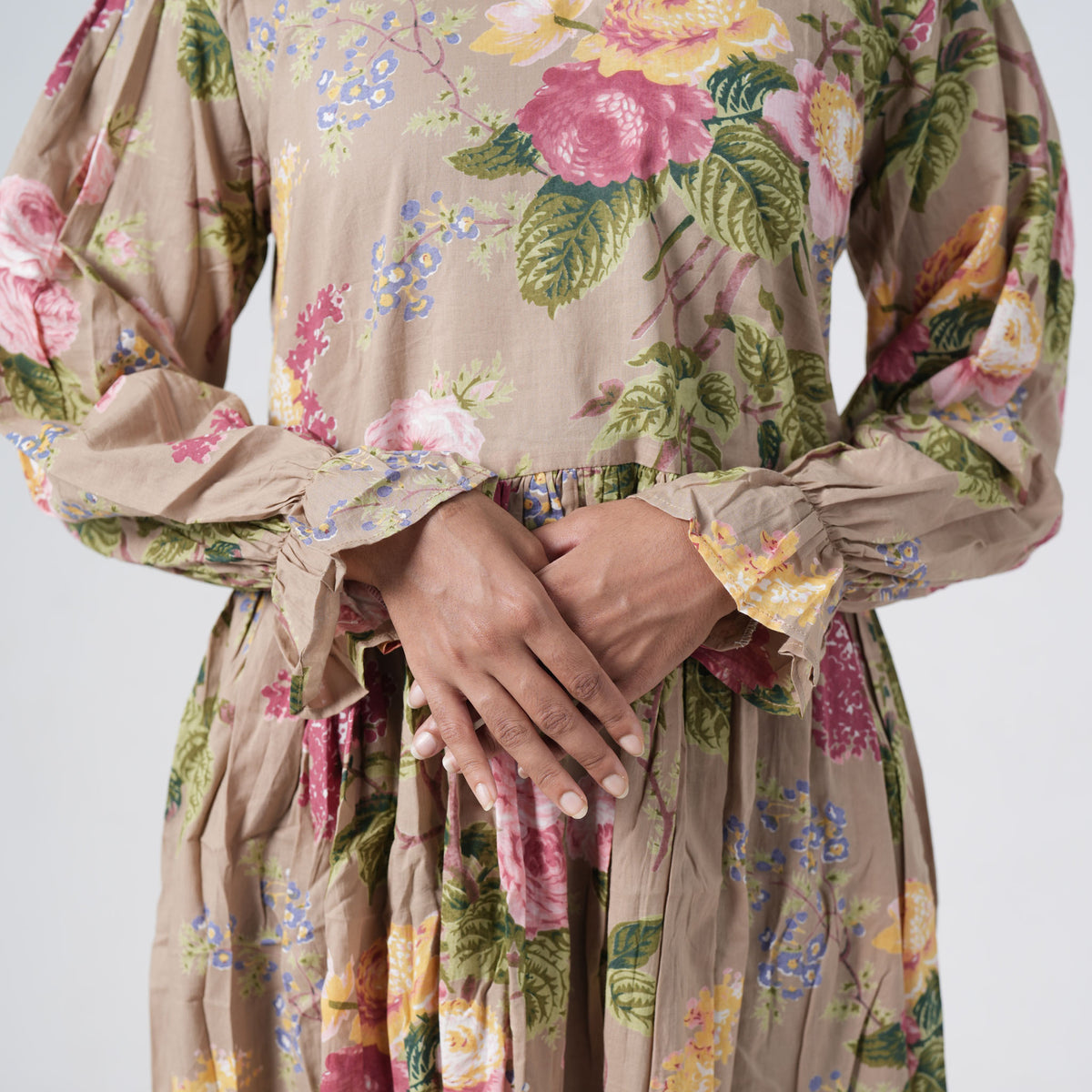 Olive Bloom Long Kurti featuring long sleeves with floral prints and ruffled cuffs