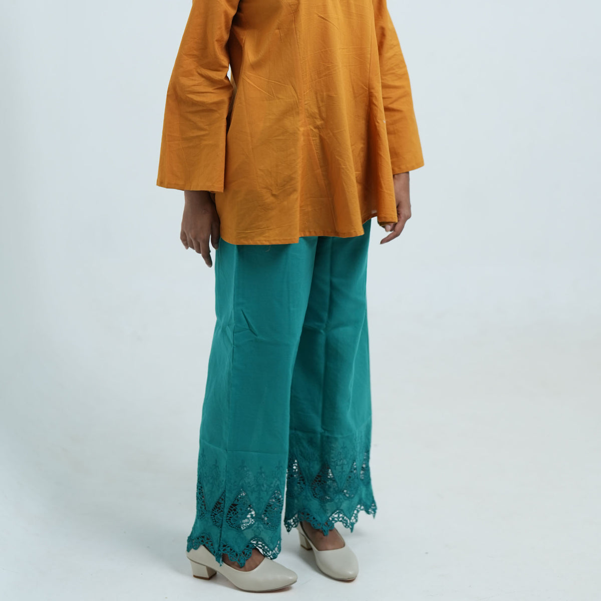 Teal Green Embroidered Palazzo Pants