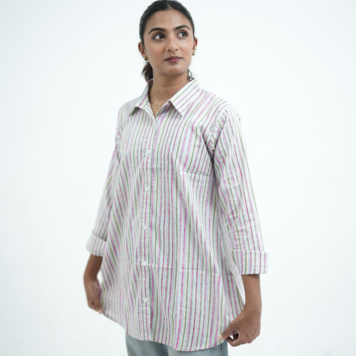 Pastels Shirt with white front buttons and pink, blue and grey vertical stripes on a light base