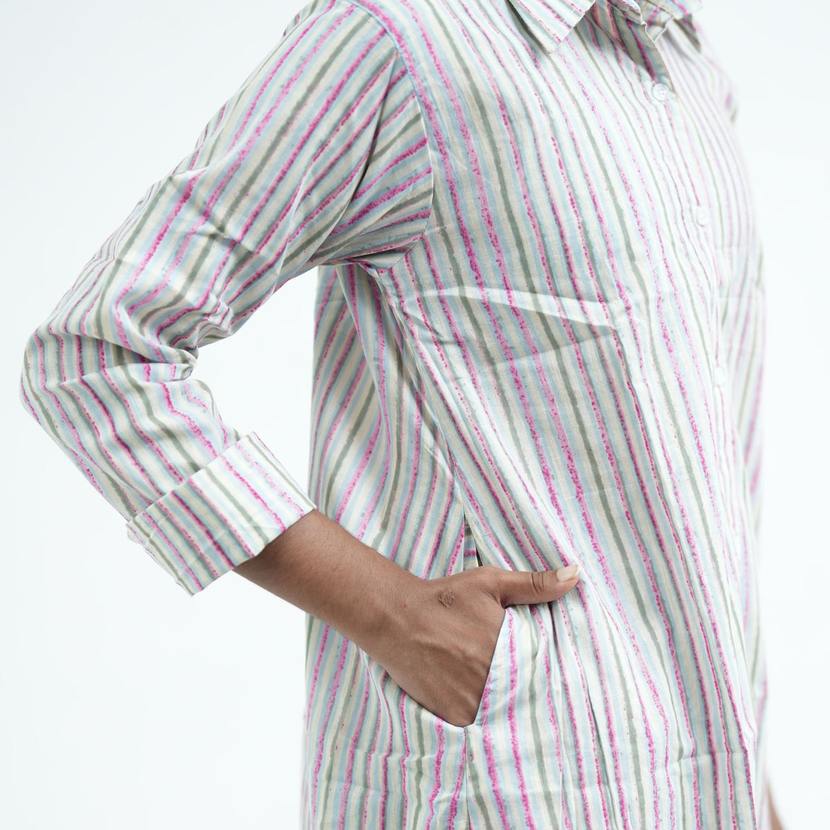 Pastels Shirt for women featuring pastel vertical stripes, a classic collar, full sleeves and a single chest pocket