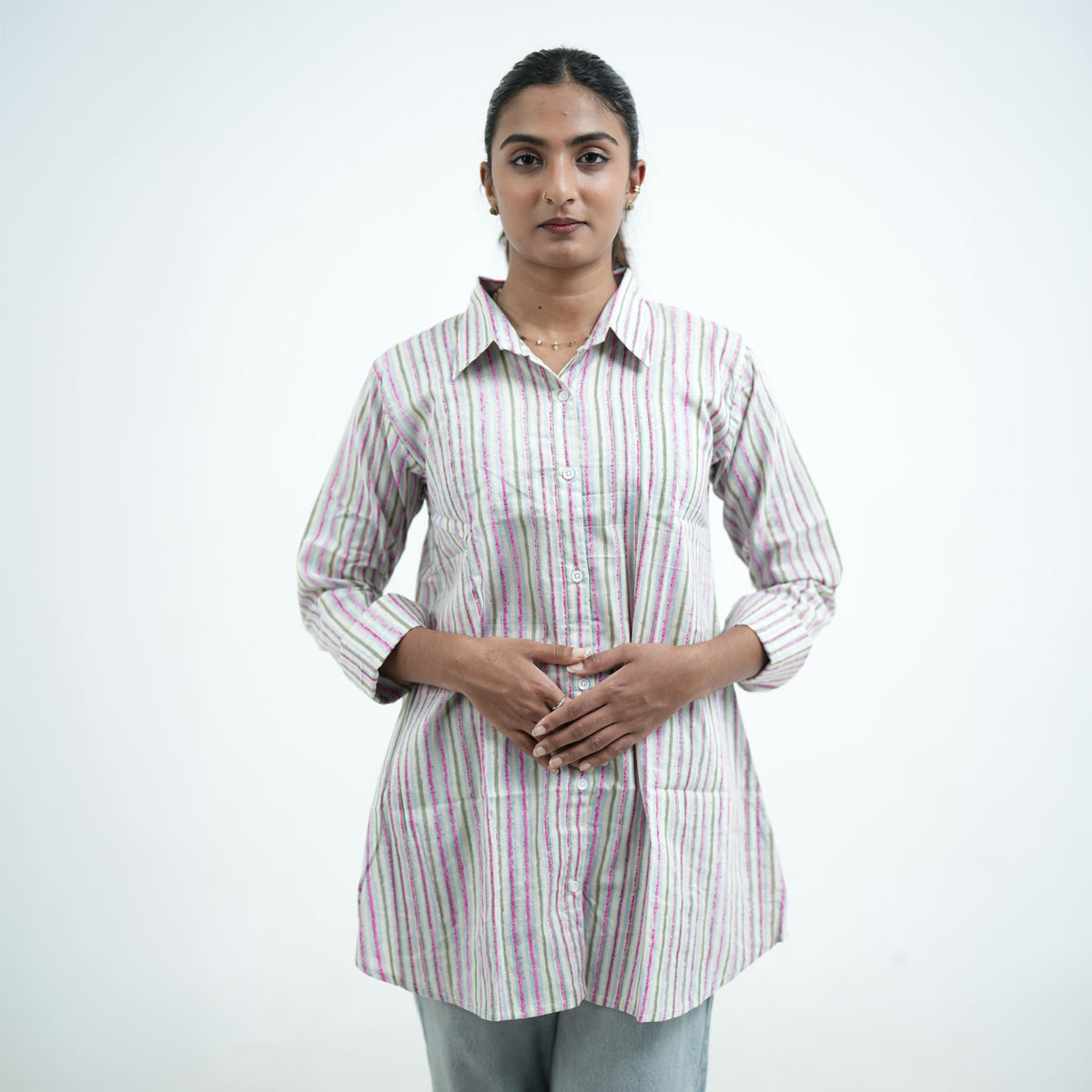 Pastels Shirt for women featuring vertical pastel pink, blue and grey stripes, a classic collar, full sleeves and a button-down front