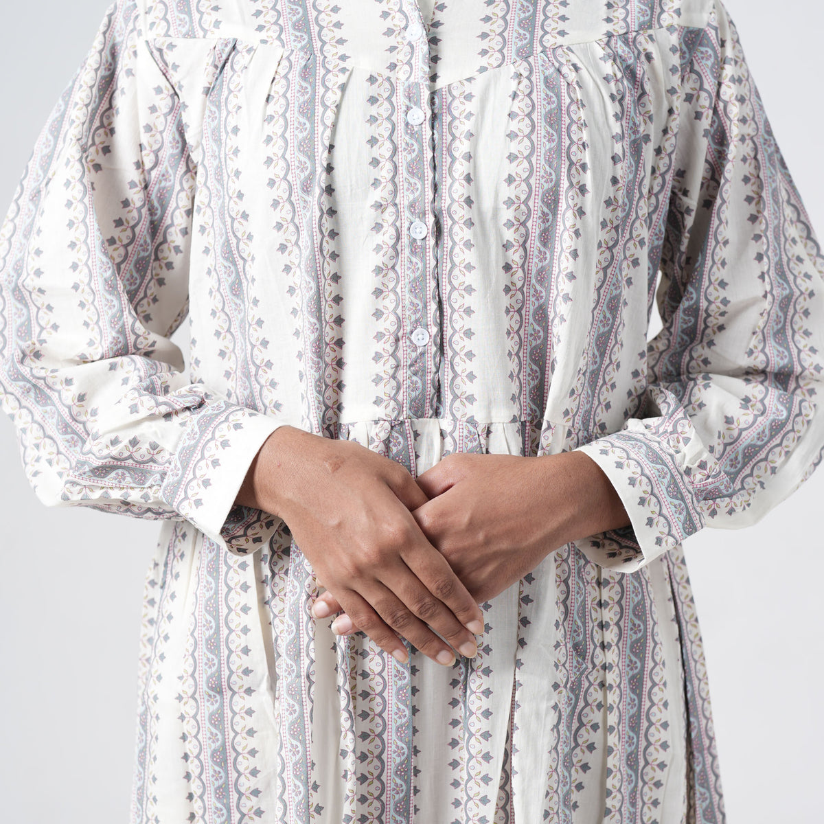Pearl Long Kurti with full sleeves and printed cuff detailing in grey and mauve tones