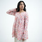 Rosette Umbrella Kurti featuring a V-shaped neckline with pink and coral floral prints