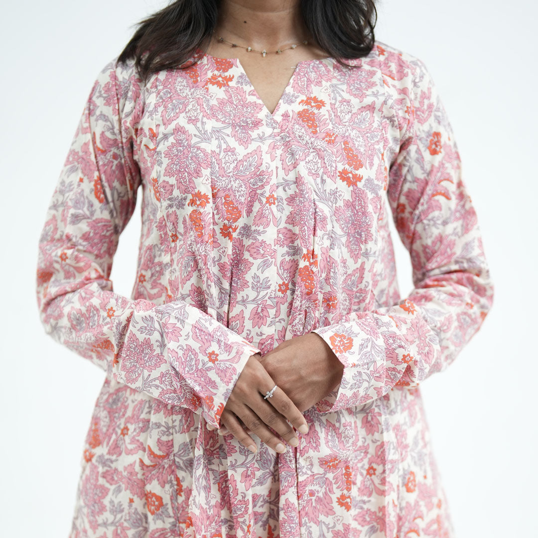 Rosette Umbrella Kurti with full sleeves and pink floral printed detailing