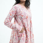 Rosette Umbrella Kurti with pink floral prints and side pockets