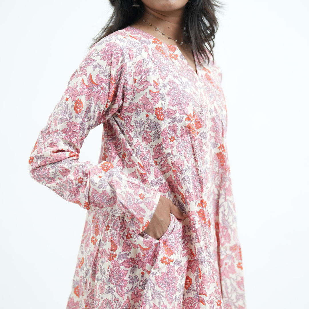 Rosette Umbrella Kurti with pink floral prints and side pockets