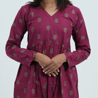 Rubi Flared Kurti featuring long sleeves with small traditional motifs on rich wine-coloured fabric