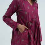Rubi Flared Kurti in wine colour with small traditional motifs and gathered pleats around the waist