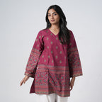 Rubi maroon knee length kurti for women with printed floral borders and a V neckline