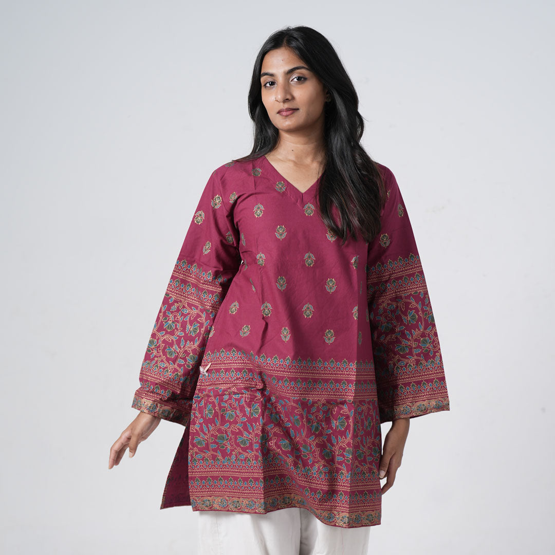 Rubi maroon knee length kurti for women with printed floral borders and a V neckline