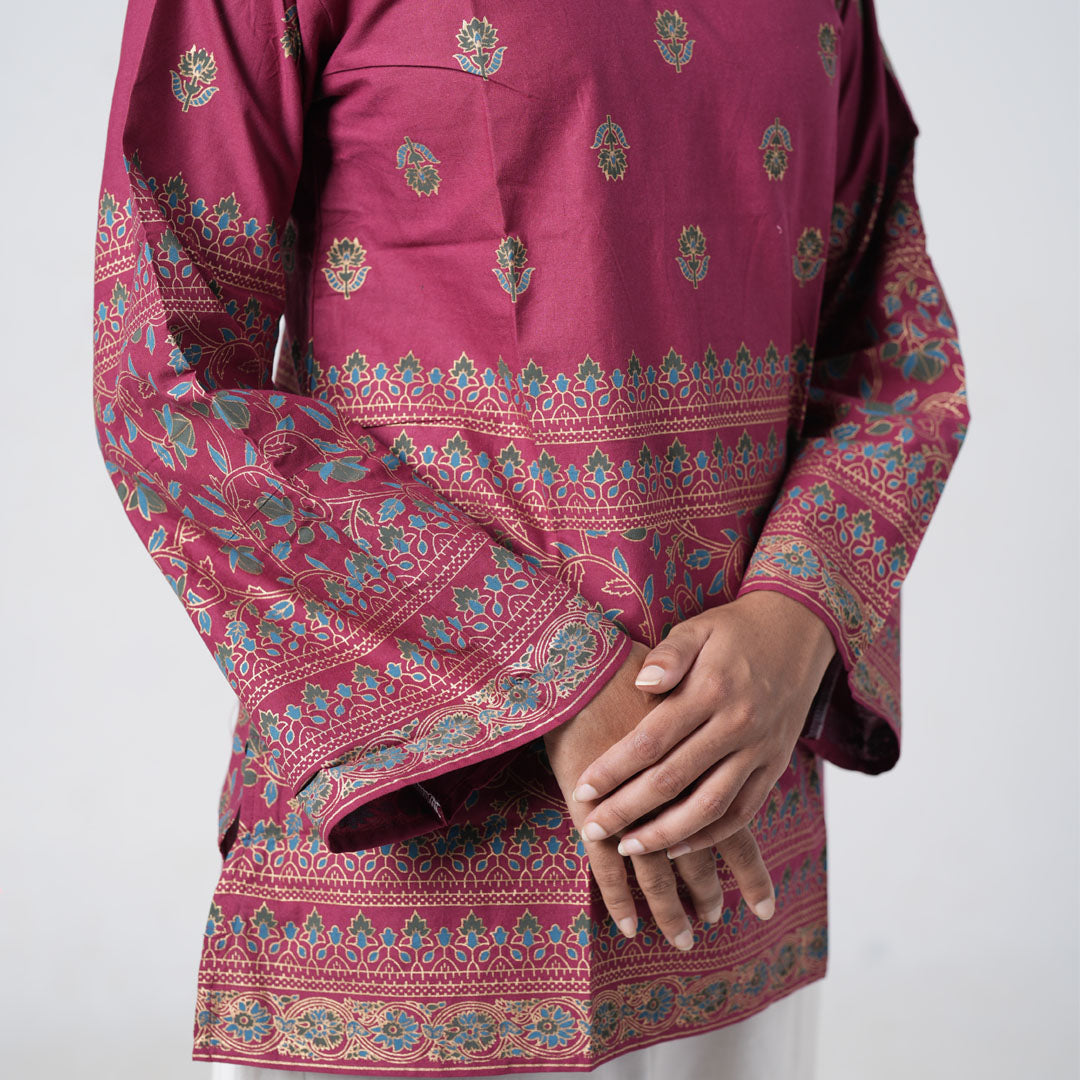 Ruby Short Kurti featuring long flared sleeves with intricate floral and geometric border prints