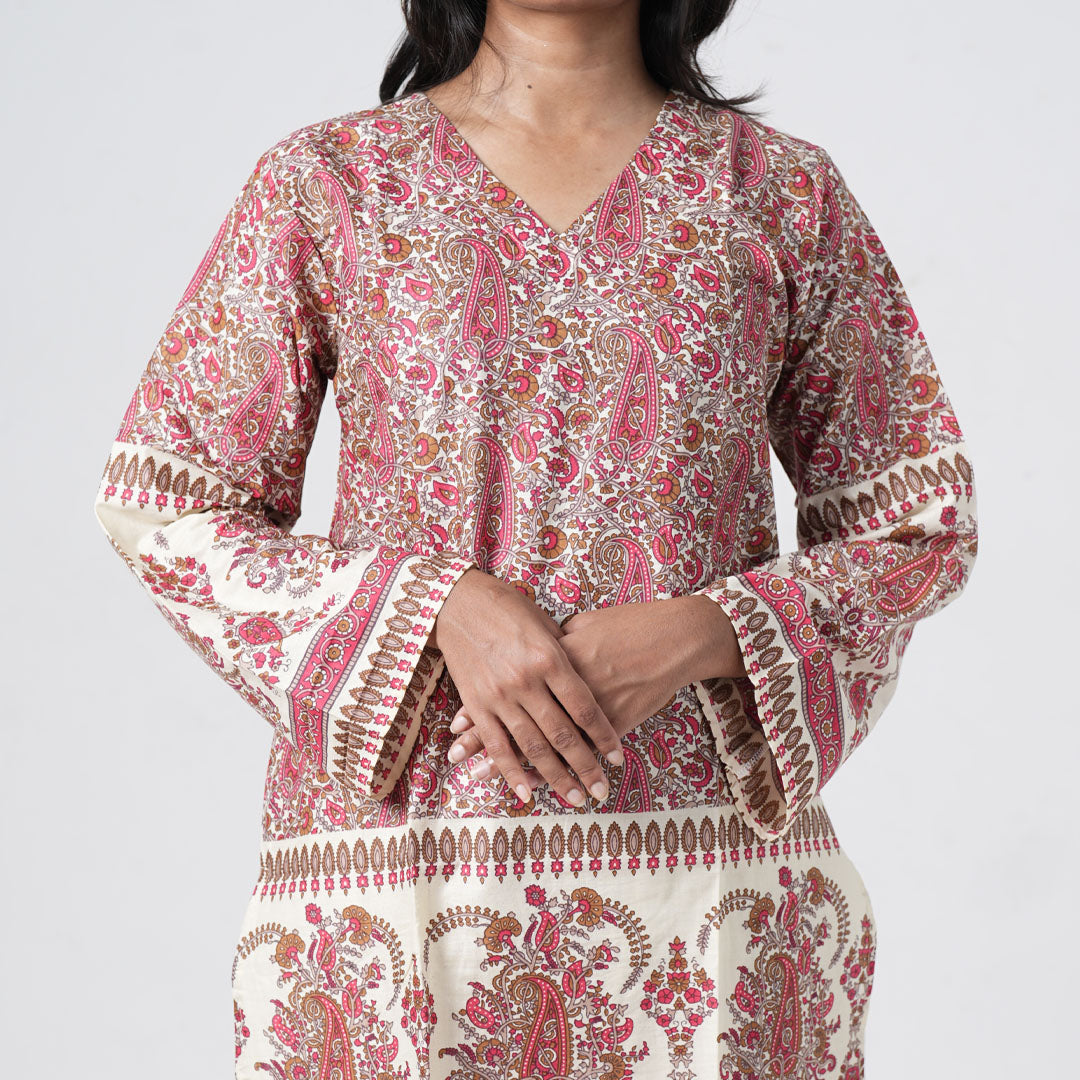 Ruhaani knee kurti with wide sleeves and printed border detailing