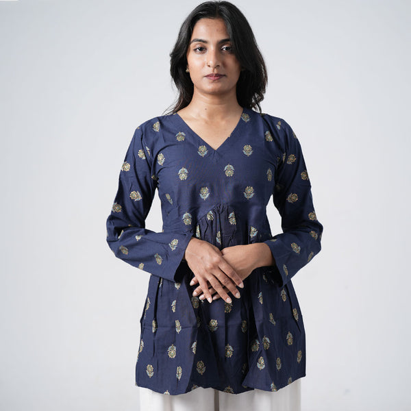 Sapphire blue flared kurti for women with delicate floral prints and a V neckline