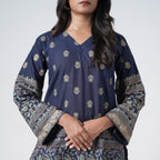 Sapphire blue knee length kurti with wide sleeves and intricate floral border prints
