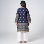 Back view of sapphire blue knee length kurti with floral motifs and decorative borders