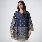 Sapphire blue knee length kurti for women with floral motifs and decorative printed borders