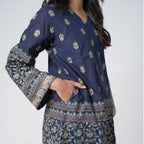 Sapphire blue knee length kurti for women with a side pocket and printed borders