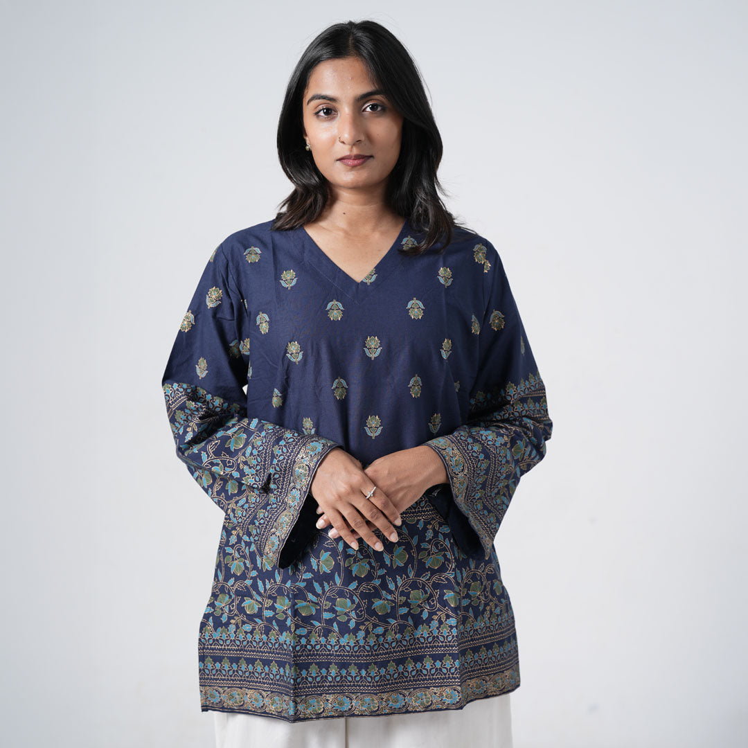 Sapphire blue short kurti for women with floral motifs and decorative printed borders