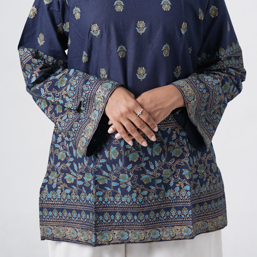 Sapphire blue short kurti with wide sleeves and intricate floral border prints