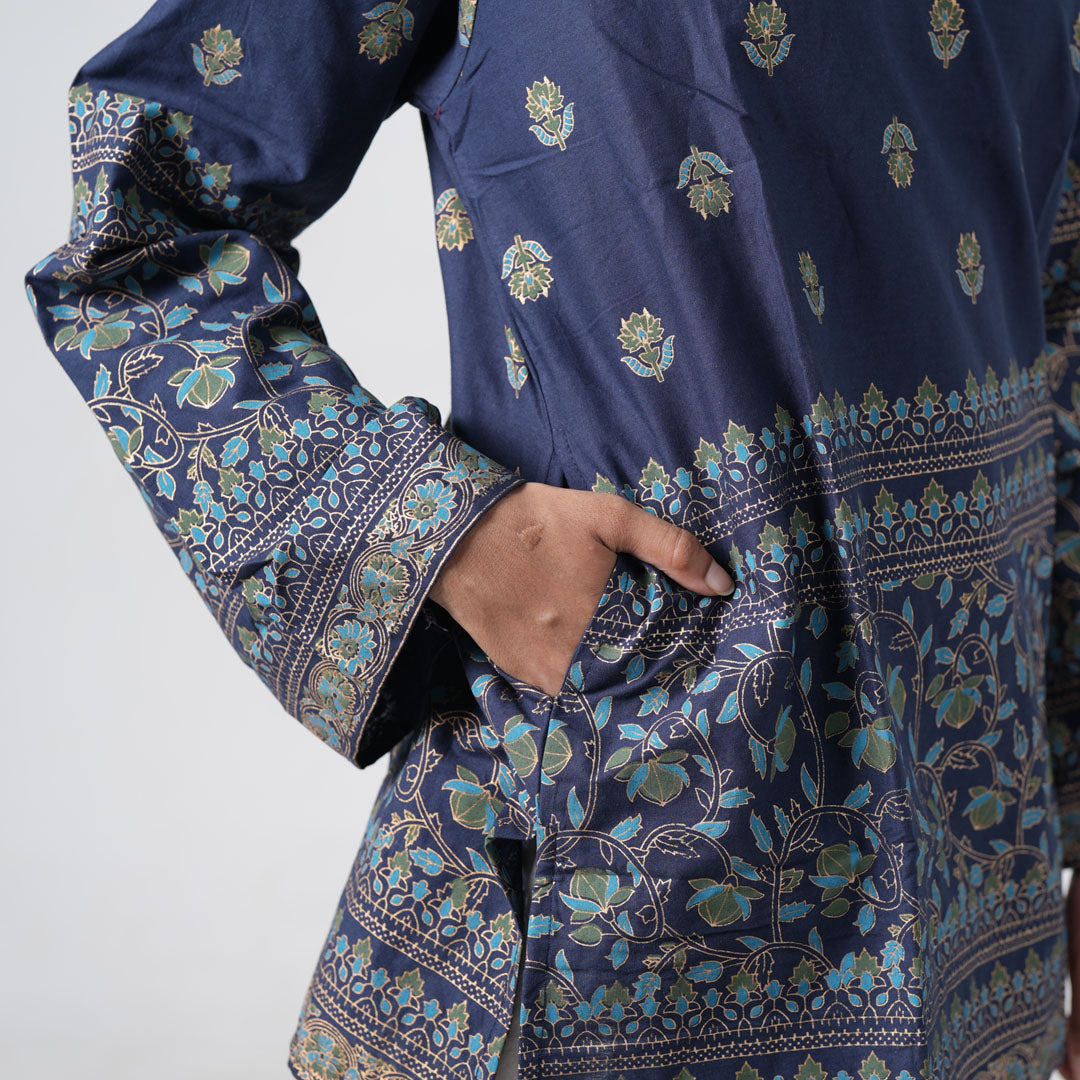 Sapphire blue short kurti for women with side pockets and printed borders