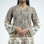 Sukoon knee length kurti with flared sleeves and decorative paisley borders