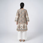 Back view of Sukoon knee length printed kurti with green and brown paisley patterns