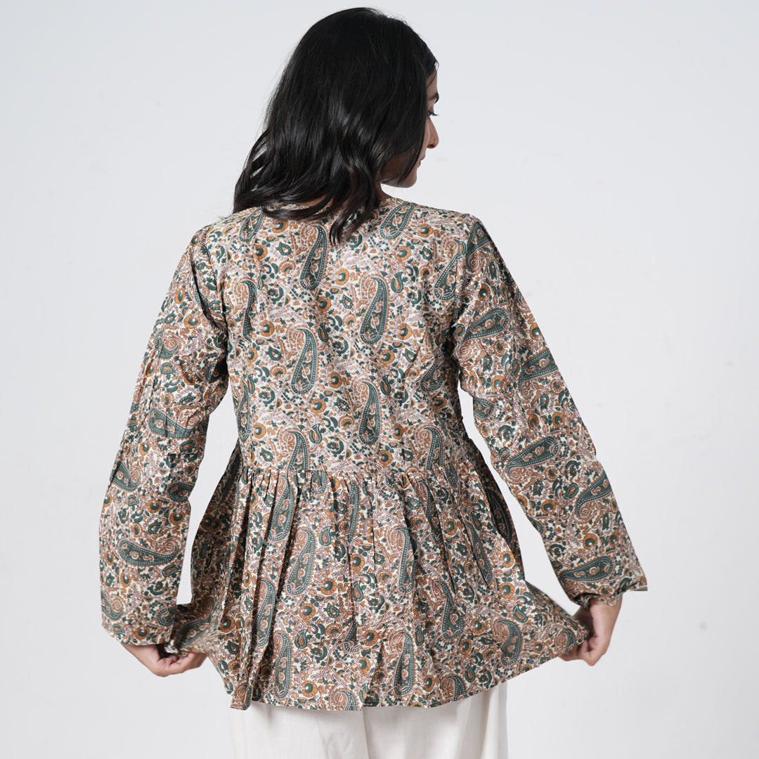 Back view of Sukoon printed flared kurti for women with paisley patterns
