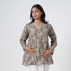 Sukoon printed flared kurti for women with green and brown paisley patterns