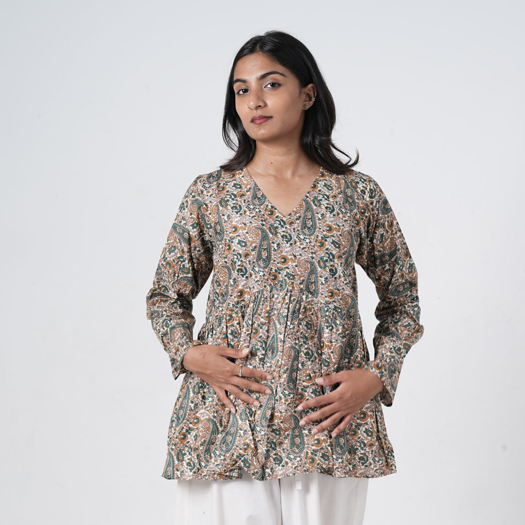 Sukoon printed flared kurti for women with green and brown paisley patterns