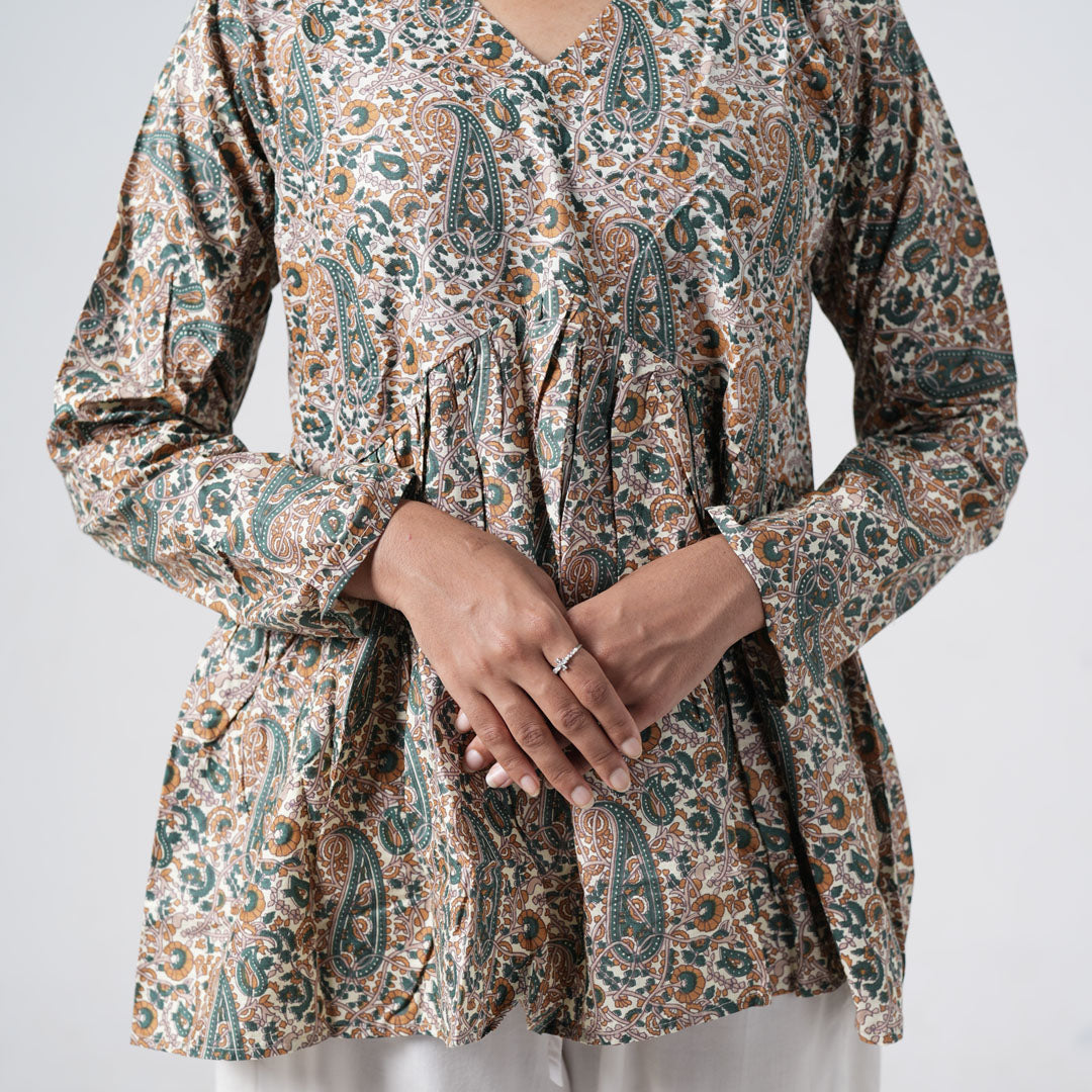 Sukoon printed kurti with long sleeves and intricate paisley patterns
