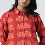 Sun Rise red long shirt featuring a classic collar and front button design