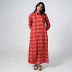 Sun Rise red long shirt for women with geometric arch prints and front button closure