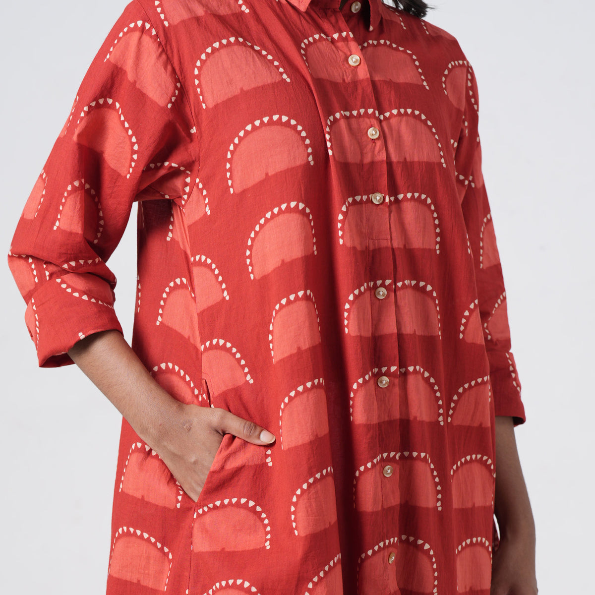 Sun Rise red printed long shirt for women with side pockets