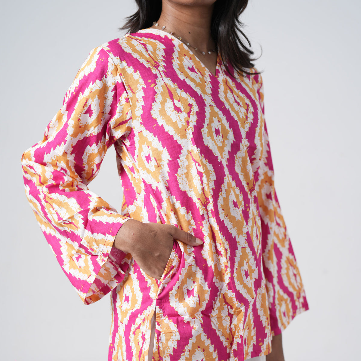 Sunset pink and mustard printed short kurti for women with side pockets