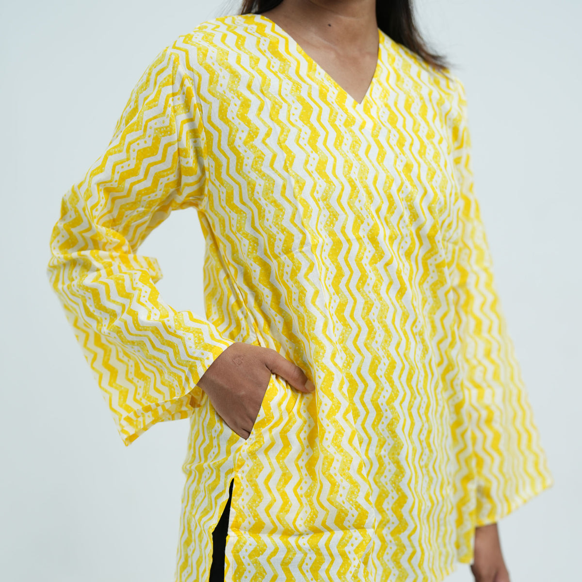 Yellow Short Kurti in a yellow and white zigzag print with a relaxed silhouette