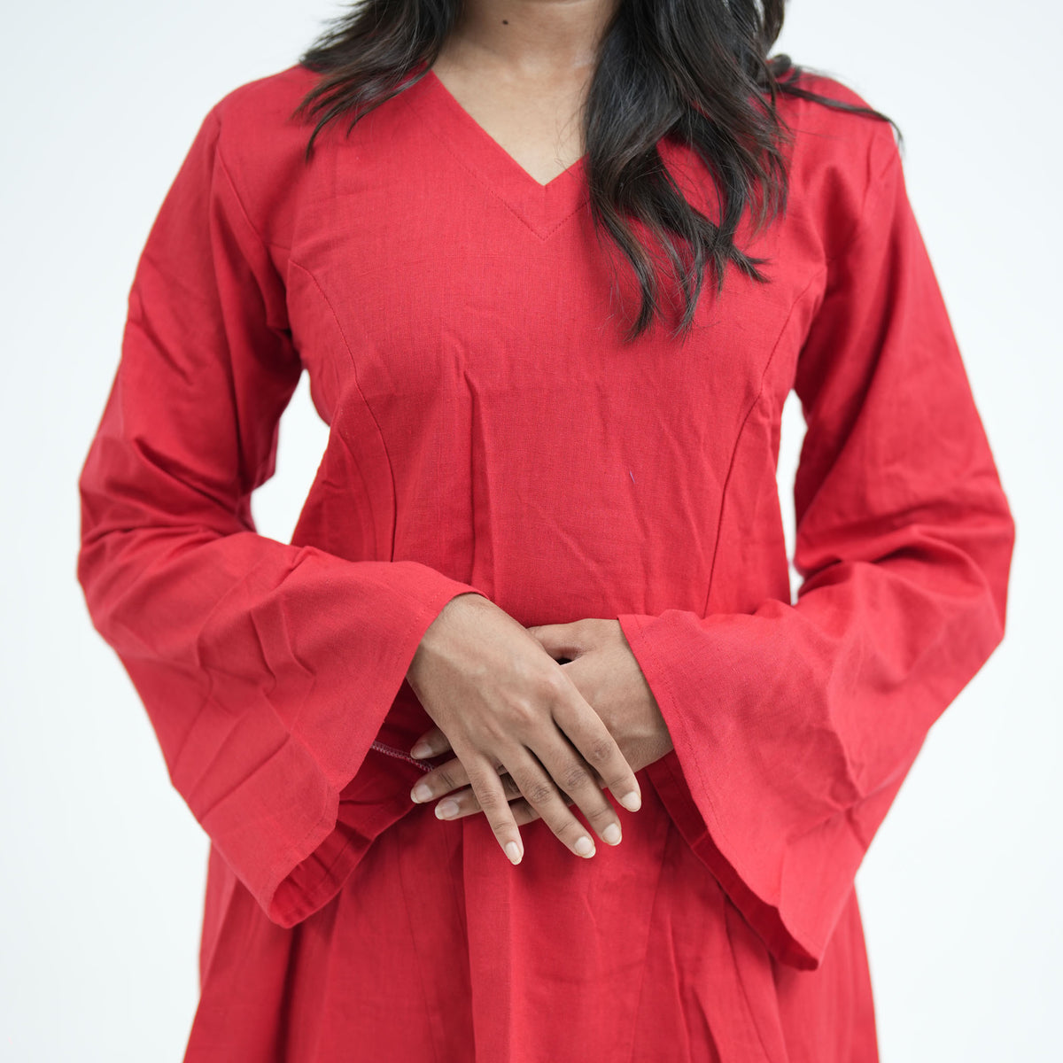 Zaara Corset Kurti featuring long flared sleeves in red