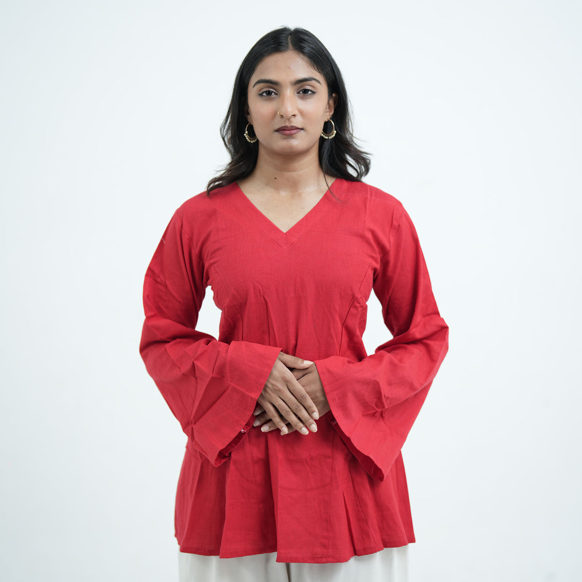 Zaara Corset Kurti for women in red with a V neckline and flared design