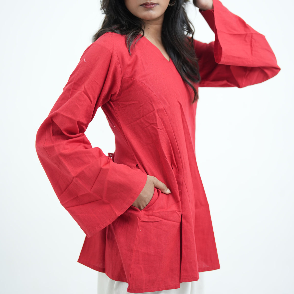 Zaara Corset Kurti for women in red featuring a convenient pocket detail