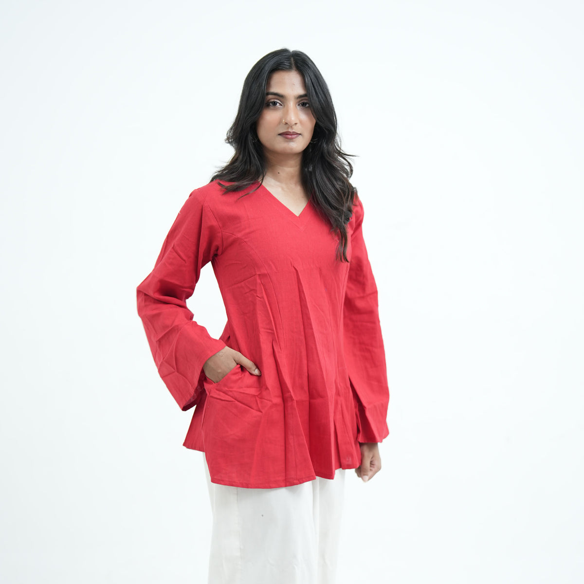 Zaara Corset Kurti with a stylish V neckline in red fabric