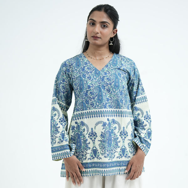 Zareen blue printed short kurti for women with intricate paisley patterns on a cream base