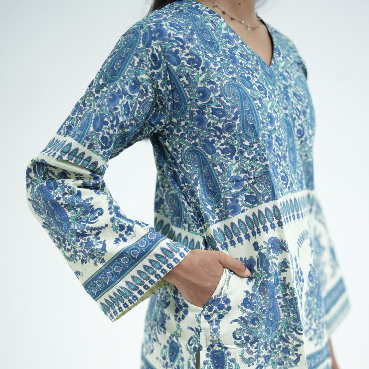 Zareen blue printed short kurti for women with side pockets