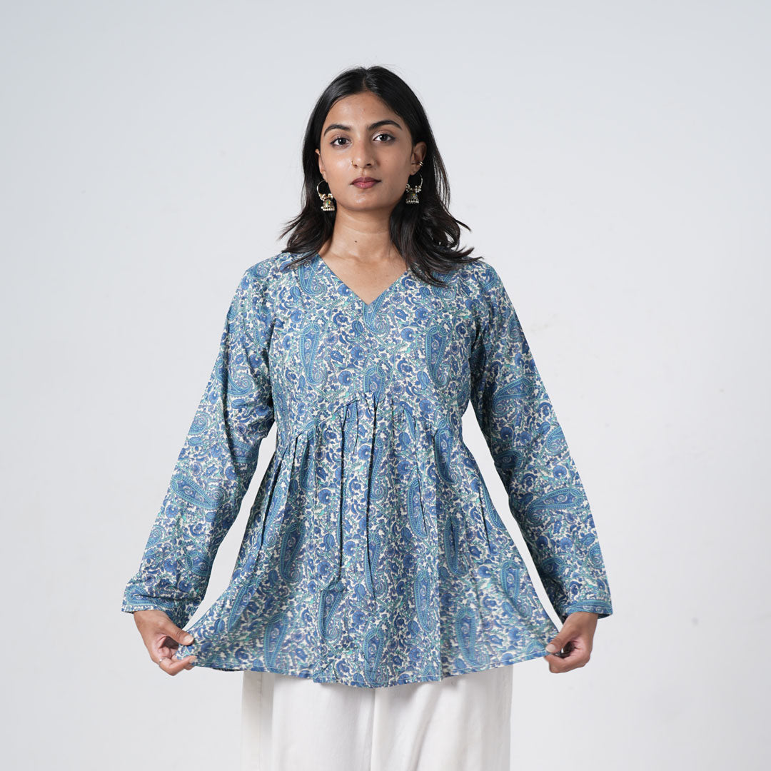 Zareen Flared Kurti for women in blue with intricate paisley prints, a V neckline and a gathered flared design