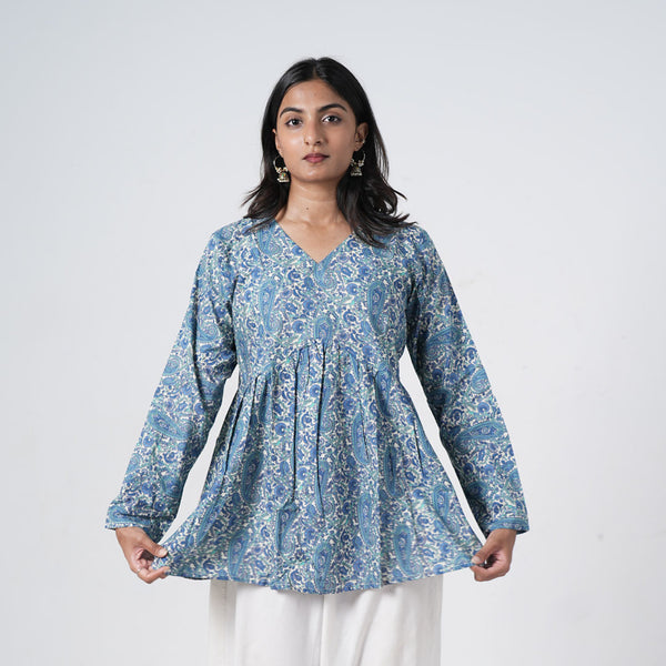 Zareen Flared Kurti for women in blue with intricate paisley prints, a V neckline and a gathered flared design