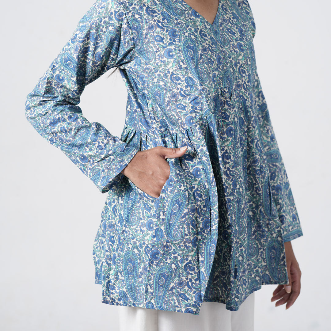 Zareen Flared Kurti in blue with paisley prints and a gathered waist that creates a flared silhouette